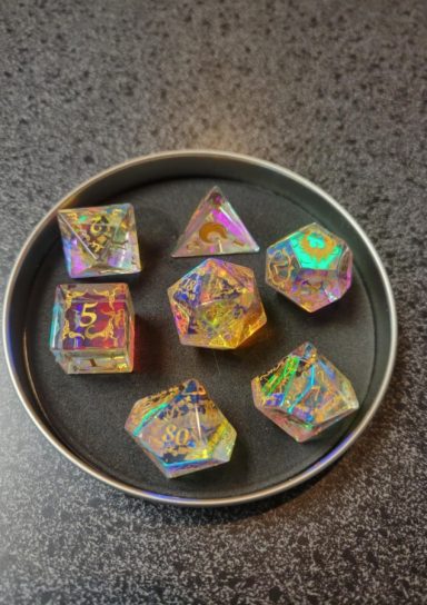 Phoenix Rainbow Crystal with Gold RPG Dice Set