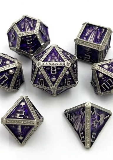 Metal Nickel Purple Skull RPG Dice Set